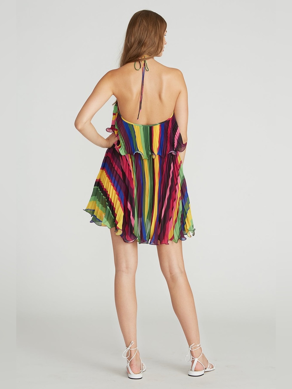 AMUR Sevyn Mini Halter Dress Vibrant Colorful Stripe Pleated Ruffle Size 4 - Picture 3 of 12